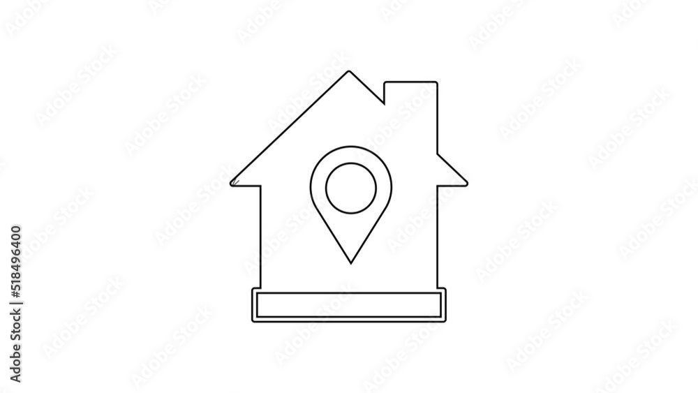 Poster black line map pointer with house icon isolated on white background. home location marker symbol. 4k