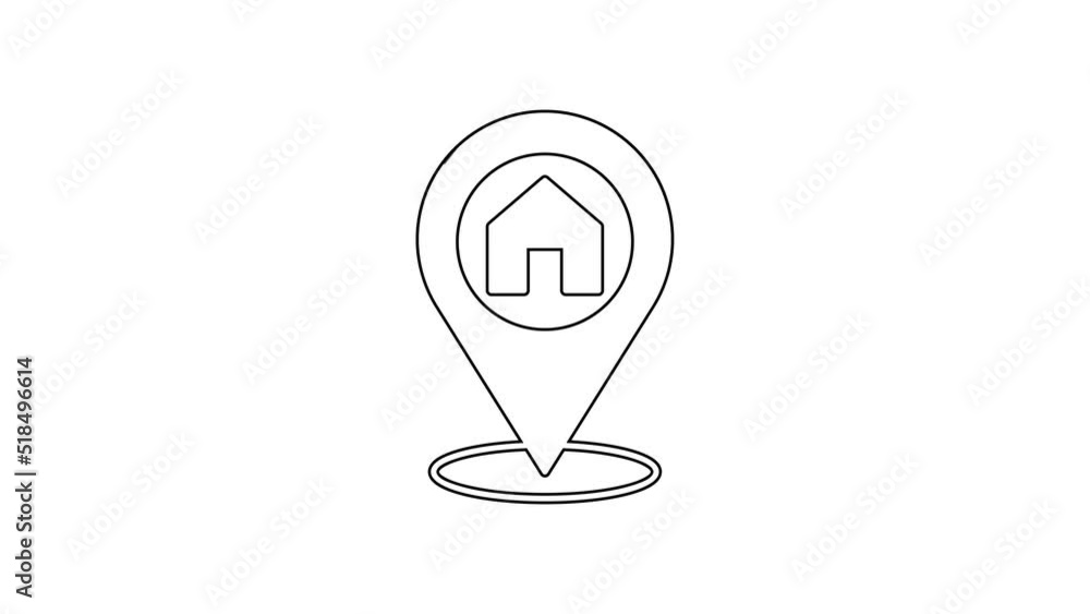 Poster black line map pointer with house icon isolated on white background. home location marker symbol. 4k