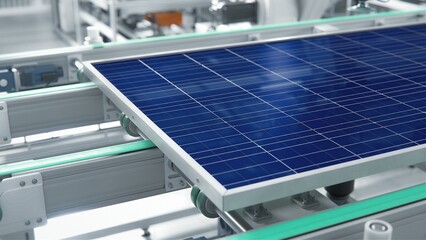 Close-up Shot of Solar Panel on Conveyor Line during Production Process at Modern Bright Automated...