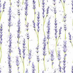 Fototapeta na wymiar Lavender branches watercolor seamless pattern on watercolor splashes background 