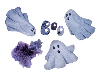 A set of watercolor elements for Halloween decoration. Cute funny flying ghosts and the inscription Boo isolated on a white background.