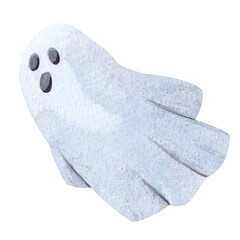 Hand drawn watercolor element for Halloween decoration. Cute funny flying ghost isolated on a white background.
