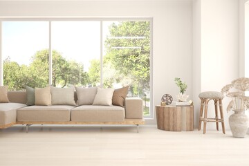 White living room with sofa and summer landscape in window. Scandinavian interior design. 3D illustration