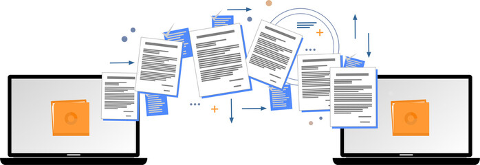 two laptops and a collection of paper documents