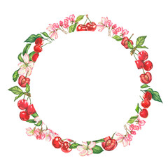 Cherry. watercolor botanical illustration of cherry berries and flowers. frame for cards and invitations
