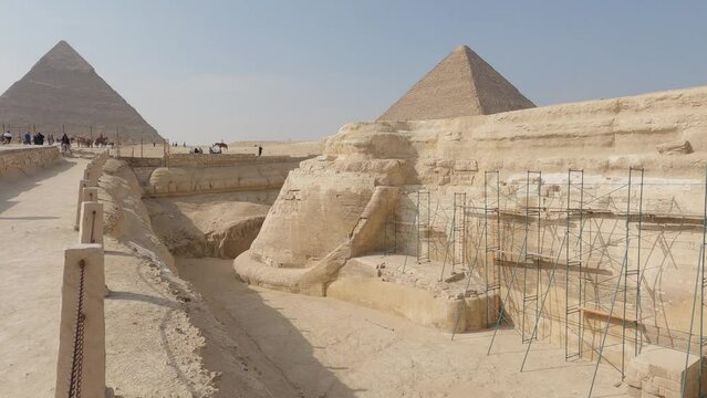 Scaffolding on The Great Sphinx Sculpure Restoration works, Giza Pyramid Complex, Egypt