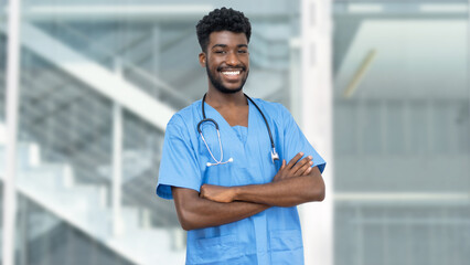 Laughing african american male nurse or medical student with beard