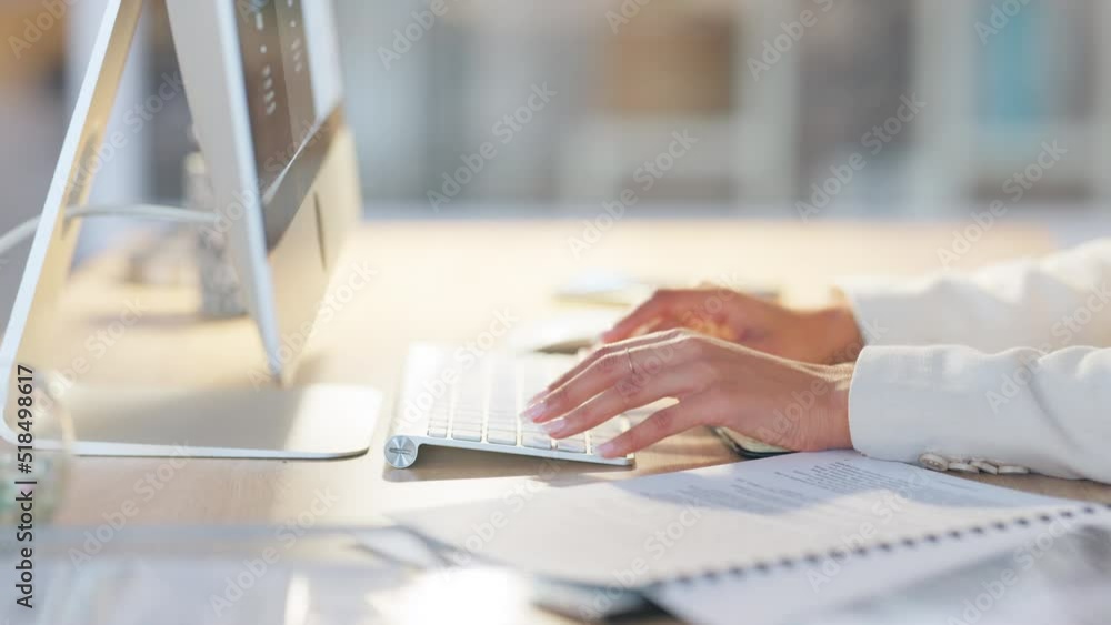 Poster hands of woman typing on computer keyboard. closeup of businesswoman writing an email, doing researc