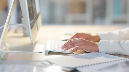 Hands of woman typing on computer keyboard. Closeup of businesswoman writing an email, doing research or chatting online with colleagues. Secretary using internet to communicate with businesspeople - Powered by Adobe
