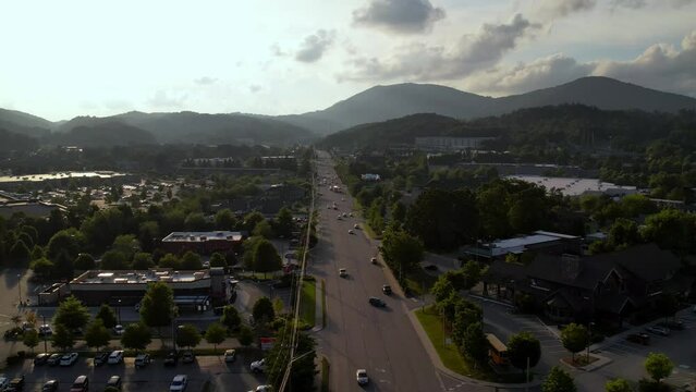 sunset aerial push blowing rock road in boone nc, north carolina
