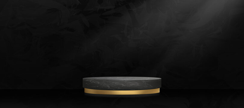 Studio Room With 3D Podium Black Marble And Golden On Dark Cement Wall Textured Background,Vector Minimal Mockup Wide Banner Loft Design Backdrop,Empty Gallery Room In Black Concrete Surface