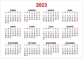 Spanish Yearly calendar. 2023 mockup. Annual horizontal template. First day lunes monday. Classic simple minimal design. Black numbers on white background.