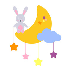 A cartoon hare sits on a yellow moon and holds a star. Good night, lullaby theme. Vector isolated on a white background.