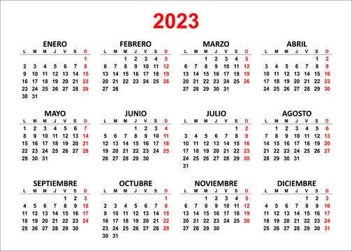 Spanish Yearly calendar. 2023 mockup. Annual horizontal template. First day lunes monday. Classic simple minimal design. Black numbers on white background.