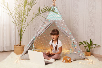 Horizontal shot of little girl with braids in white t shirt posing in wigwam and watching cartoons on laptop or showing her toy to friend while having video call, looking at notebook screen. © sementsova321