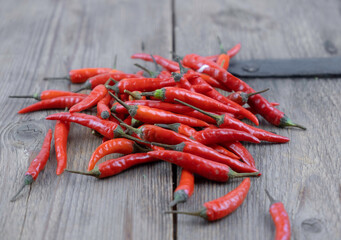 Close up fresh red hot chilli on wooden table background.