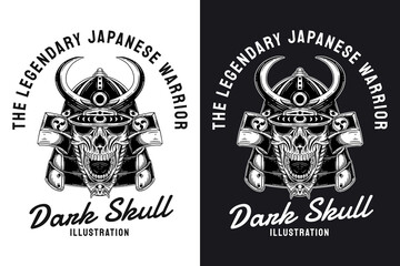 Set Japanese Warrior Skull samurai with armor hand drawn engraving style