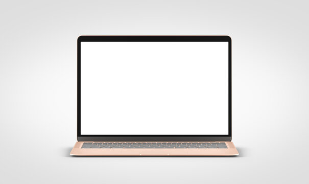 PARIS - France - April 28, 2022: Newly released Apple Macbook Air, Gold color - Front view- Realistic 3d rendering laptop computer display screen mockup on white