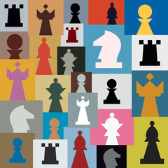 Chess wallpaper design. Graphic print with chess pieces. 