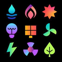 Alternative energy icon set. Renewable energy conceptual bright iridescent signs.