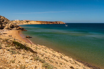 West Coast of Portugal. Atlantic Ocean, beach, cliffs and blue water. Sagres