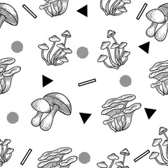 Black and White Set Mushroom Healthy Food Engraved Hand Drawn Random Black Object Outline illustration White.