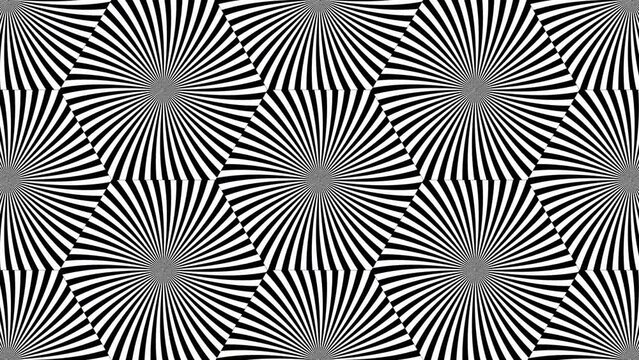 Surreal psychedelic mosaic optical illusion. Abstract hypnotic animated background. Seamless looping animation.