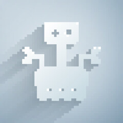 Paper cut Robot icon isolated on grey background. Artificial intelligence, machine learning, cloud computing. Paper art style. Vector
