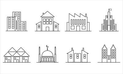 Icon set, building, factory, mosque, tall building, house, back to school