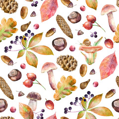 Seamless pattern with watercolor illustrated mushrooms, leaves, berries, chestnuts and cones. Hand drawn fall elements. Autumn background for packaging, invitation and greeting card.