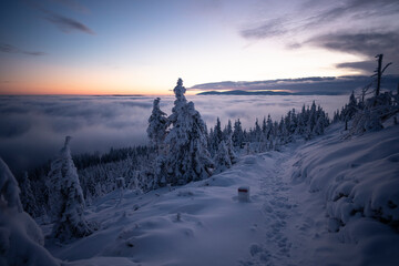 Scenic winter mountains view on sunrise. Idyllic mood.