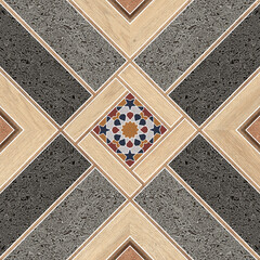 Vintage colurful tiled wall and floor stone and wood pattern with unique mixed design pattern.