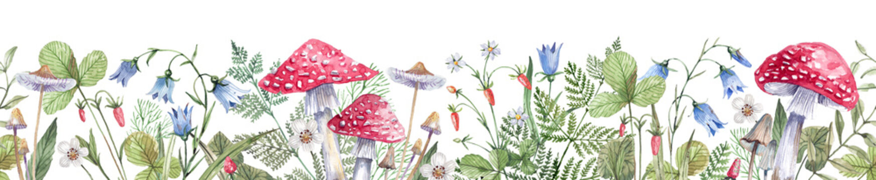 Seamless, horizontal border with wild strawberry flowers and berries, bluebells, field herbs and fly agaric ,on a white background. Endless, watercolor floral illustration for banners, wallpapers