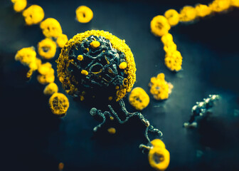 Enterovirus infecting human cell, polio like virus, pandemic concept 3d rendering - obrazy, fototapety, plakaty