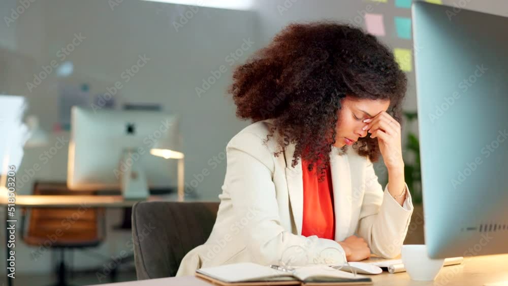 Poster marketing agent suffering from a headache or migraine while working to finish deadlines on desktop c