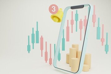 Business smartphone with online trading charts for finance,investment, and coins stack,trading graph notification online payment surround by coins.Mock up copy space,pastel concept.3D rendering