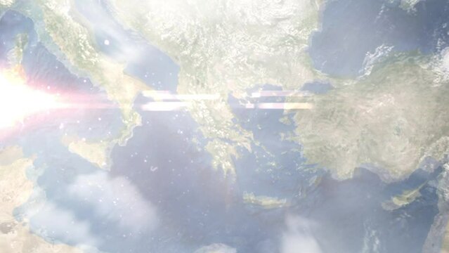 Earth zoom in from outer space to city. Zooming on Lamia, Greece. The animation continues by zoom out through clouds and atmosphere into space. Images from NASA