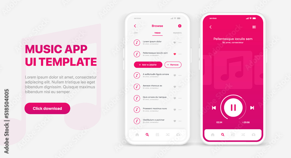 Poster Web mobile application interface for music player application for mobile app, business, website. Sound app UI UX GUI template. Responsive website wireframes. Web design UI kit. Music Dashboard.
