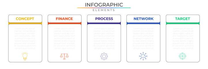 Simple strategy infographic elements concept design vector with icons. Business workflow network project template for presentation and report.