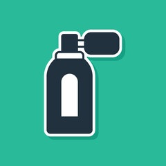 Blue Aftershave bottle with atomizer icon isolated on green background. Cologne spray icon. Male perfume bottle. Vector