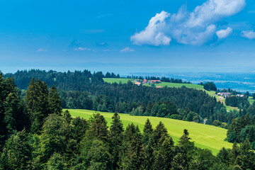 Germany, Panorama view above trees, forest and pastures surrounding bodensee lake nature landscape with water and blue sky in summer