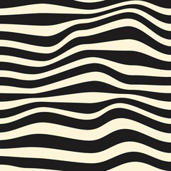 Wavy stripes background. Abstract geometric monochrome texture.  Black wavy distorted stripes on a beige background. Vector illustration