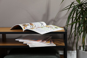 Wooden cabinet with magazines near houseplant indoors - obrazy, fototapety, plakaty