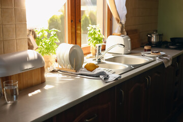 Stylish kitchen interior with sink and toaster near window