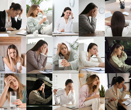 Collage with different photos of tired women