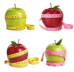 Set of fresh ripe apples with measuring tapes on white background