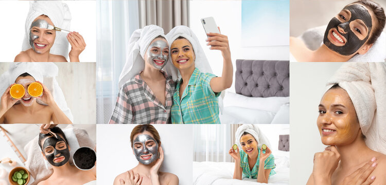 Collage with photos of women with cleansing and moisturizing masks on faces. Banner design