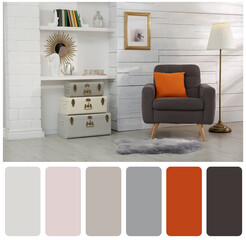 Color palette and photo of stylish room interior with comfortable armchair. Collage