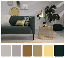 Color palette and photo of stylish living room interior. Collage