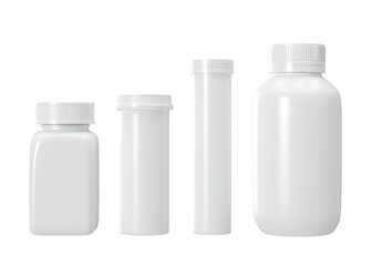 Blank pills bottles isolated on white background. Medical bottle mock up. Medical containers set. Free, copy space for your label. 3d rendering.